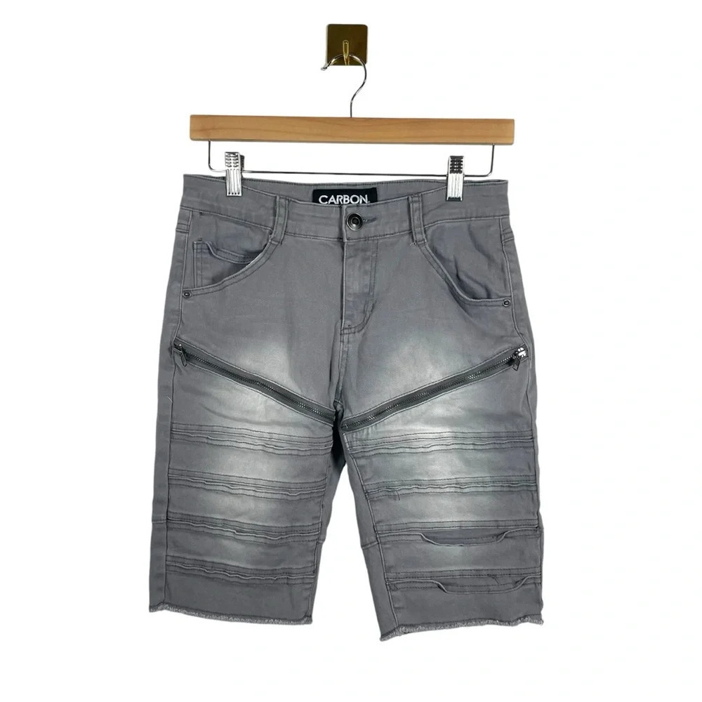 Carbon Men’s Distressed Denim Zip Bermuda Shorts in Grey Size 28